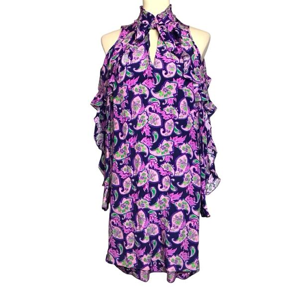 Sandro Paris 100% Silk Purple Paisley Ruffle Cold Shoulder Mini Party Dress 3/L - Picture 3 of 16